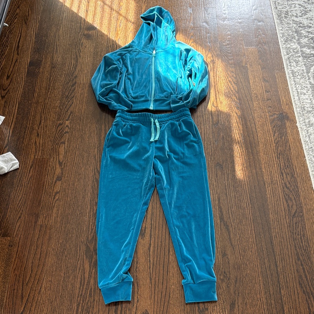90 Degree By Reflex Teal Velvet Kids Hoodie & Jogger Set